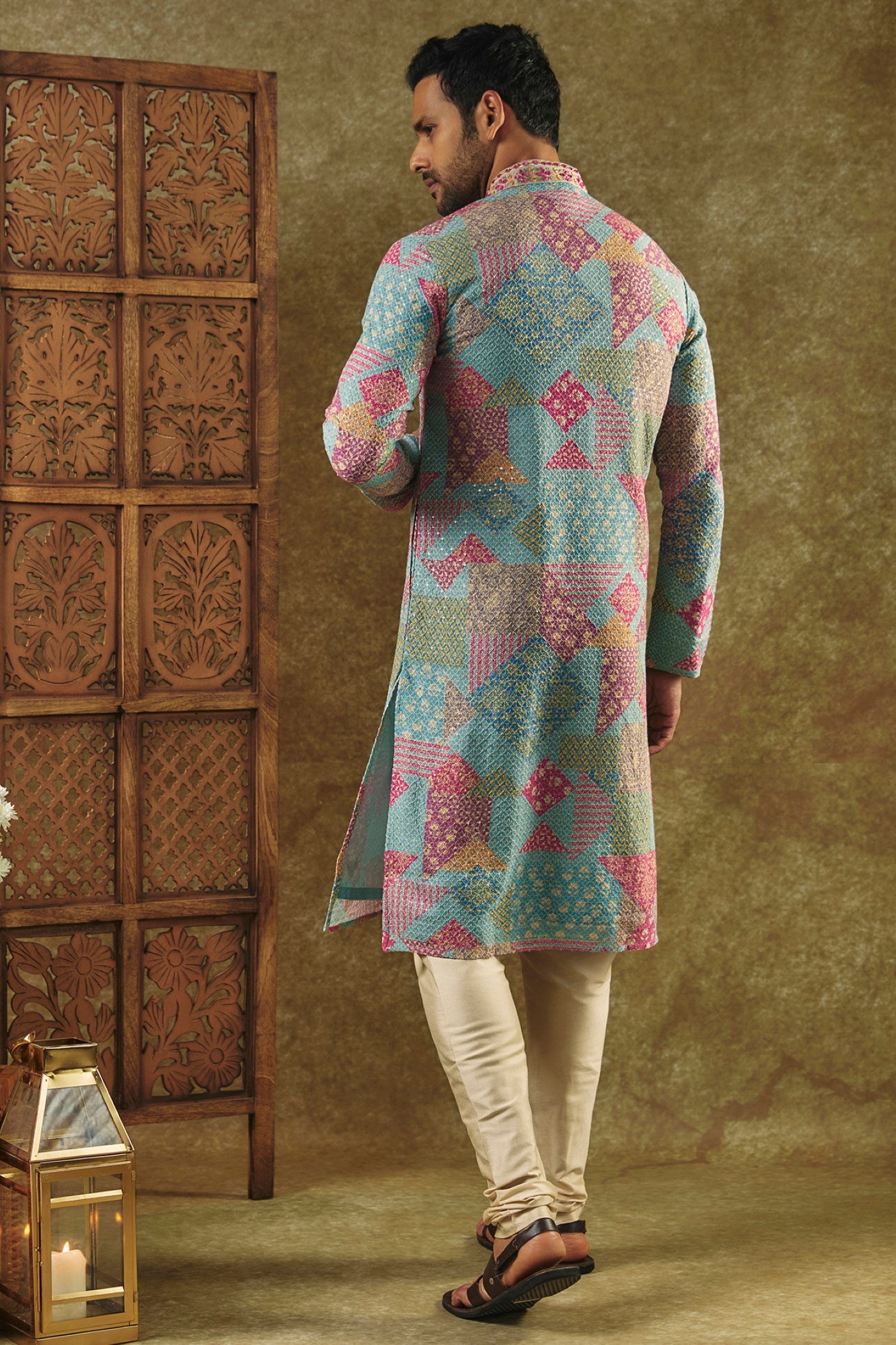Multicolour Printed Silk kurta pajama set with resham embroidered neck
