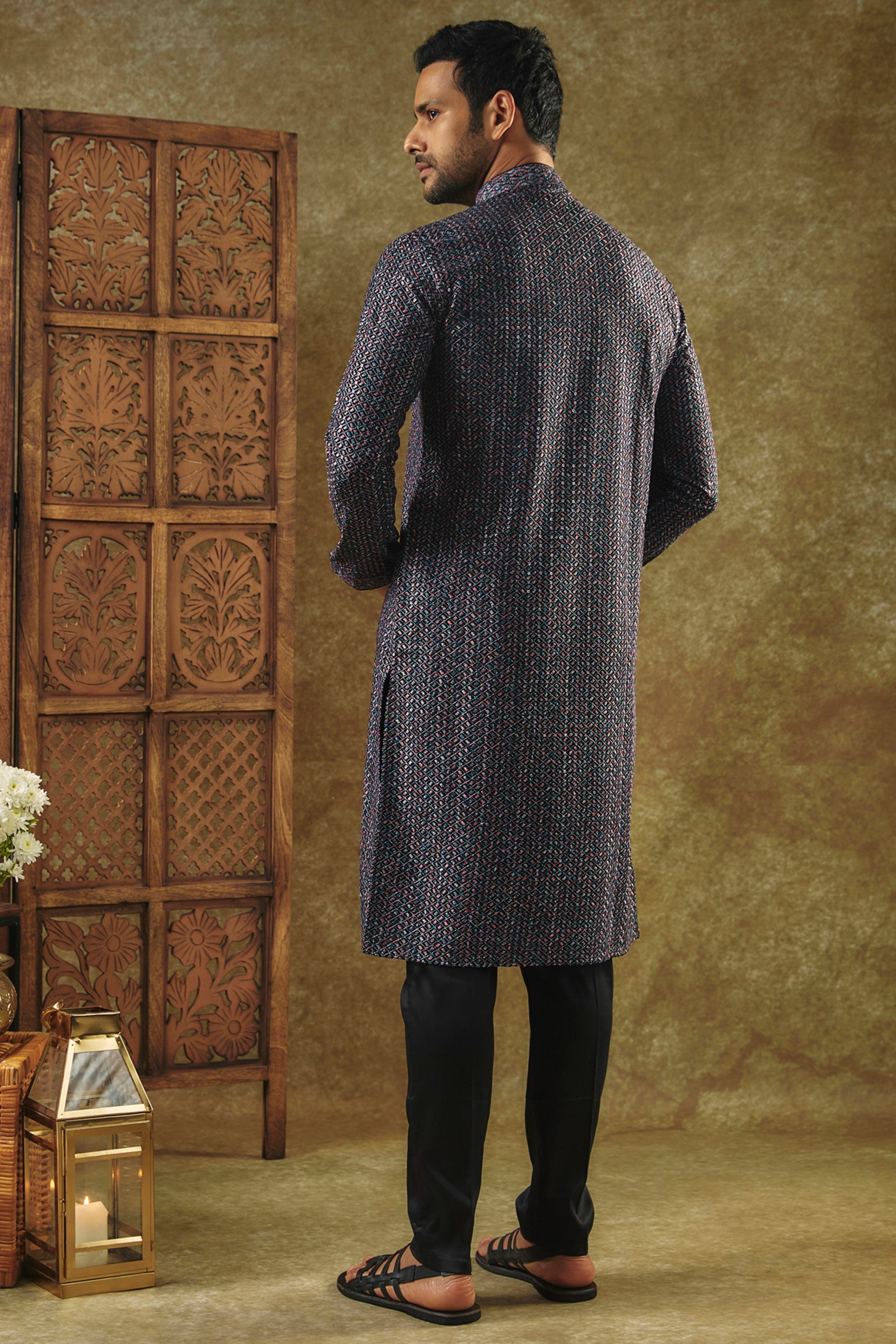 Onyx Black Printed Silk kurta pajama set with all over thread and sequin work