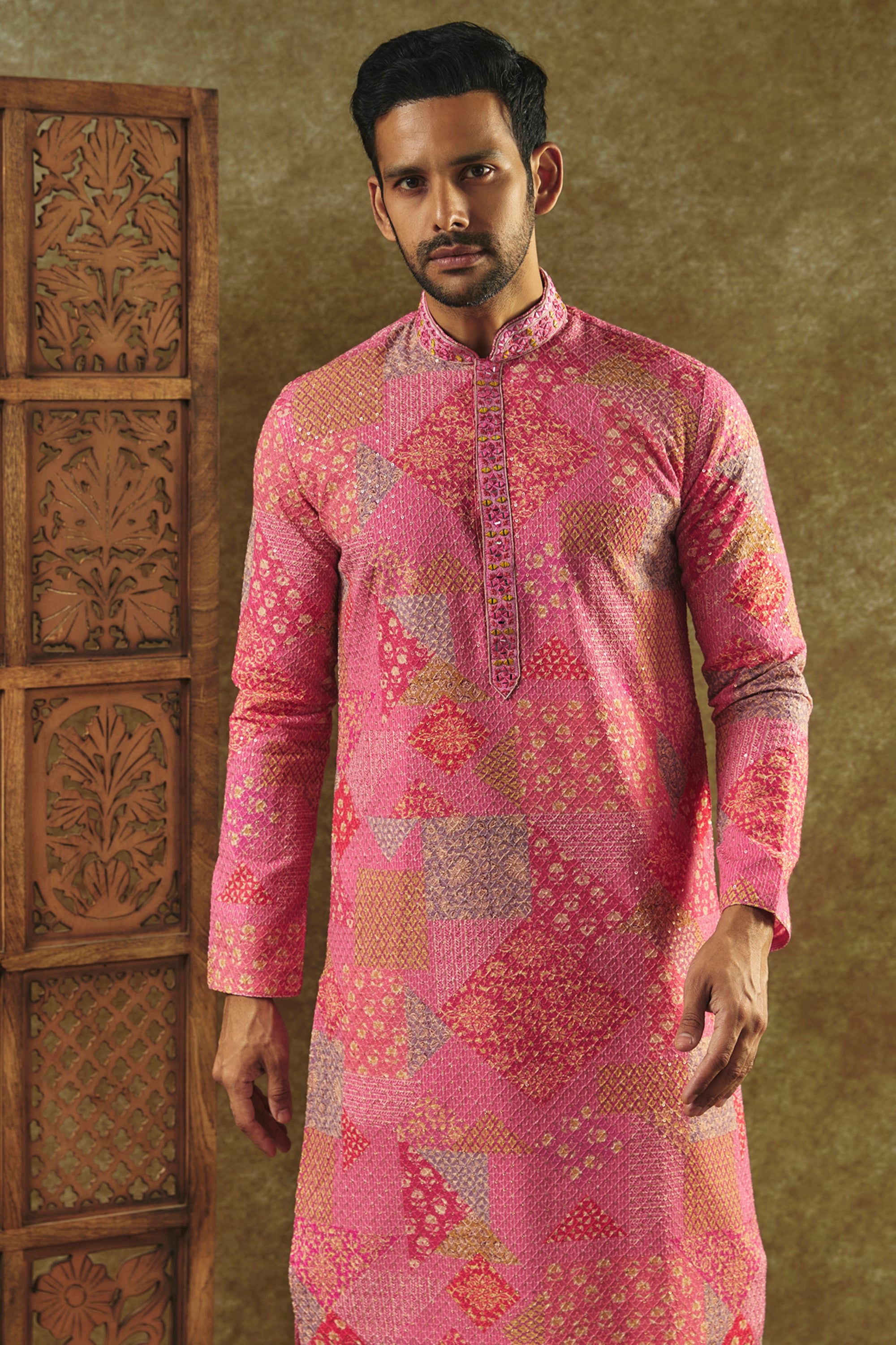 Salmon Pink Printed Silk kurta pajama set with all over thread and sequin work