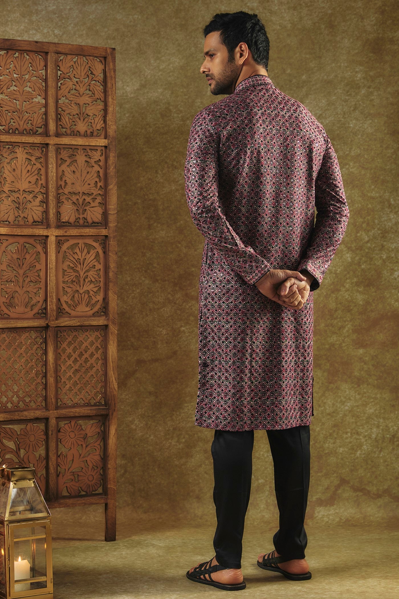 Eggplant Purple Printed Silk kurta pajama set with all over thread and sequin work