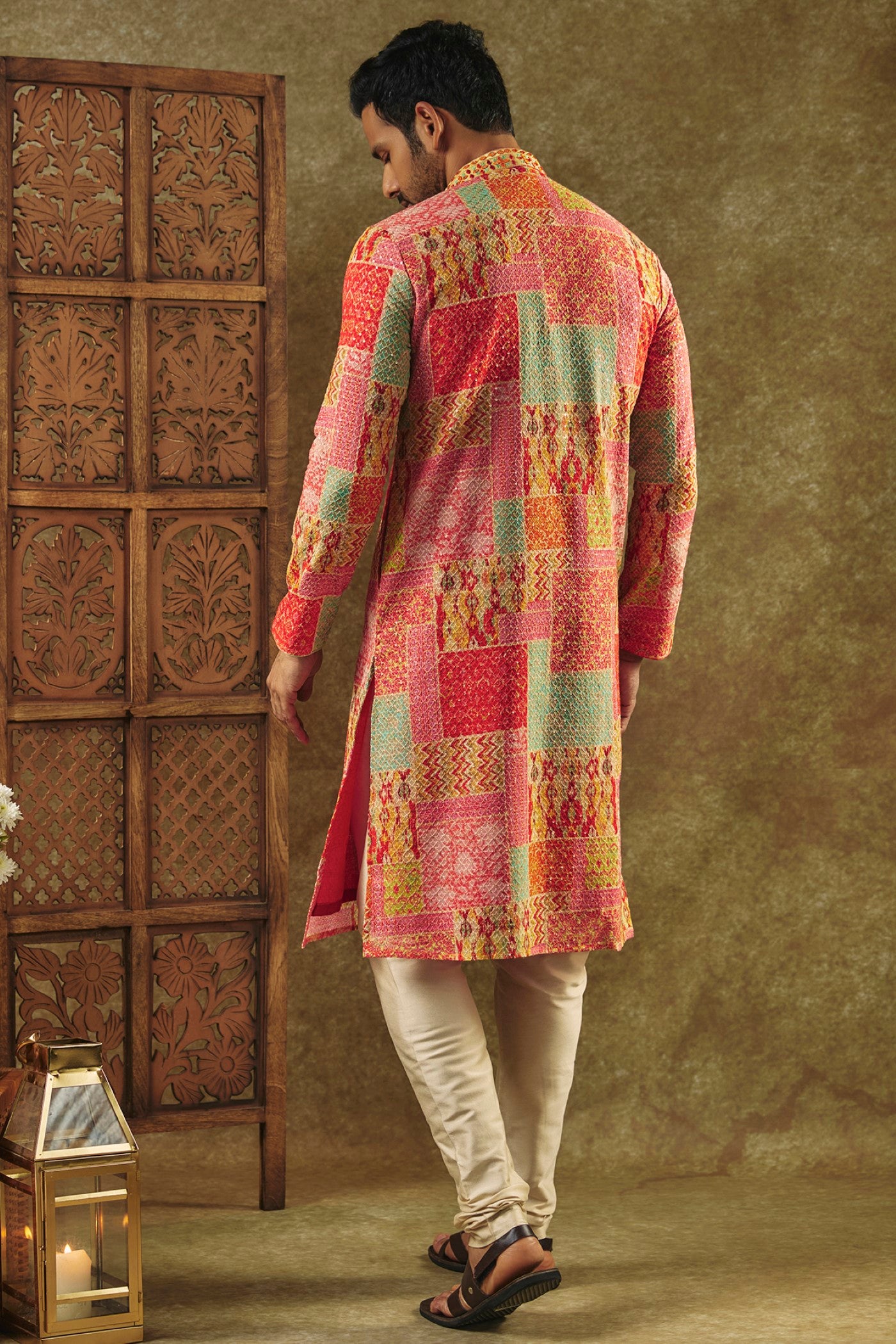 Multicolor Printed Silk kurta pajama set with resham embroidered neck