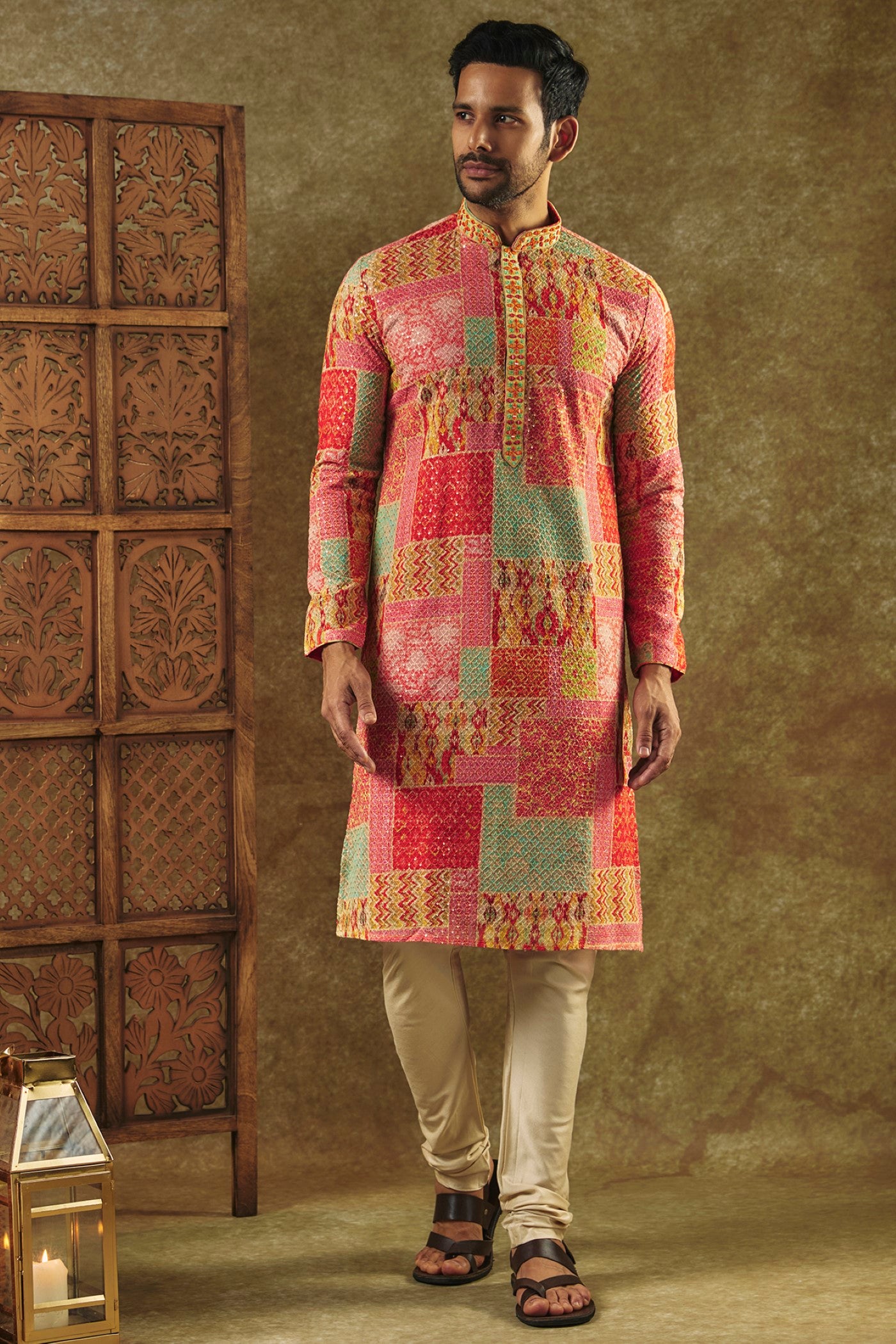 Multicolor Printed Silk kurta pajama set with resham embroidered neck
