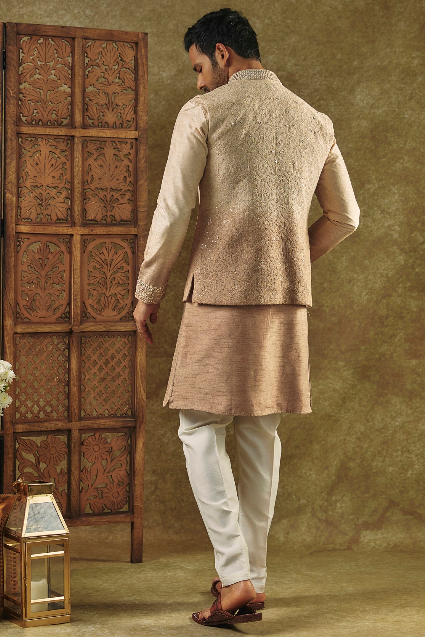Beige Ombre Open-Indo Western set with sequin and resham embroidery