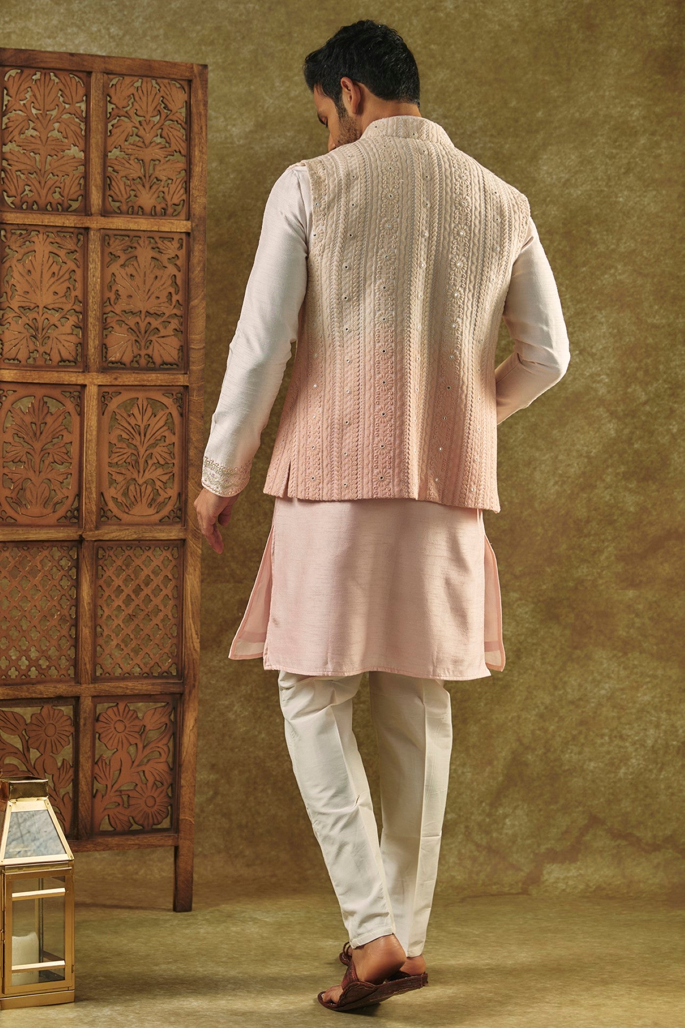 Pastel Pink Ombre Open-Indo Western set with sequin and resham embroidery