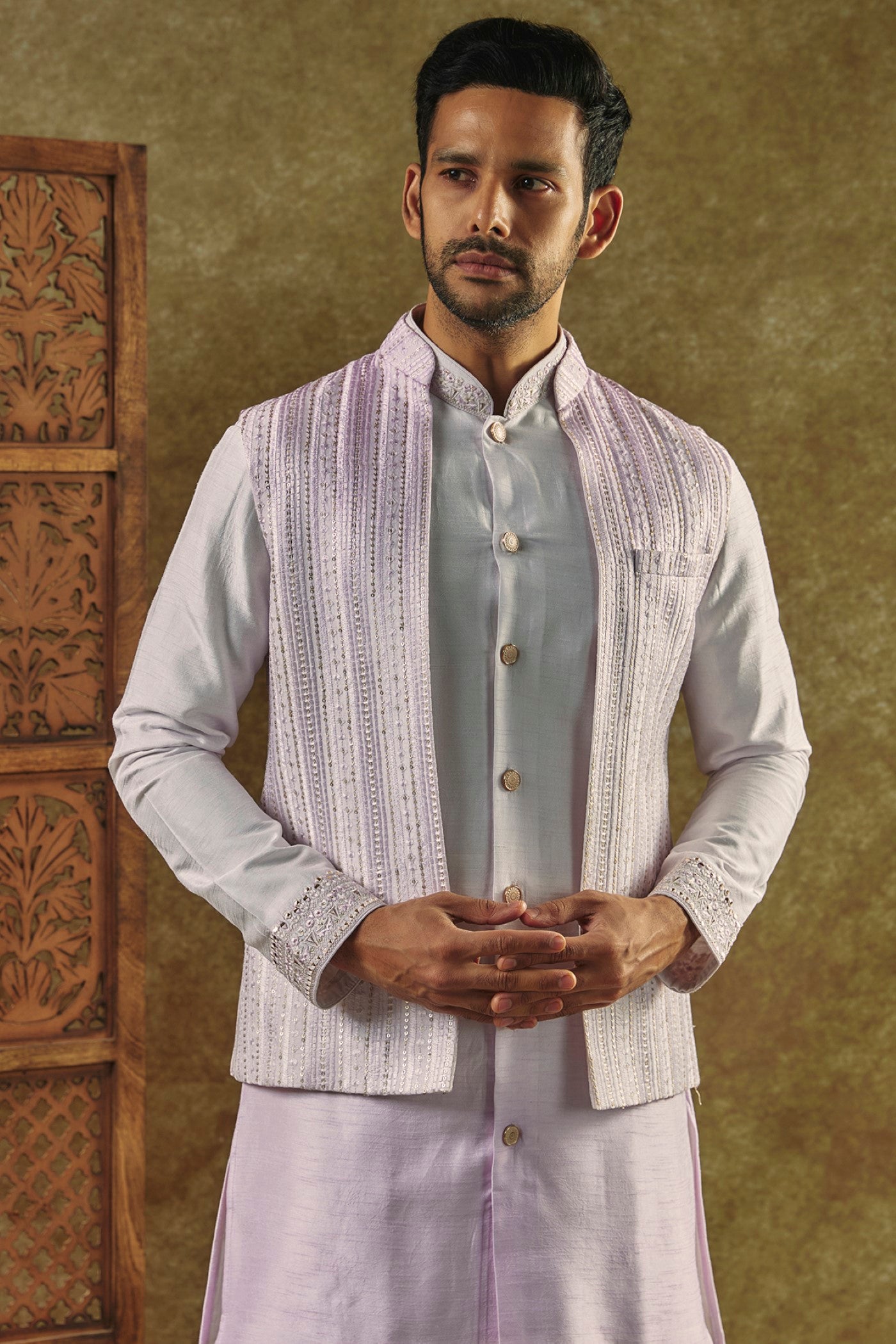 Light Lilac Ombre Open-Indo Western set with sequin and resham embroidery
