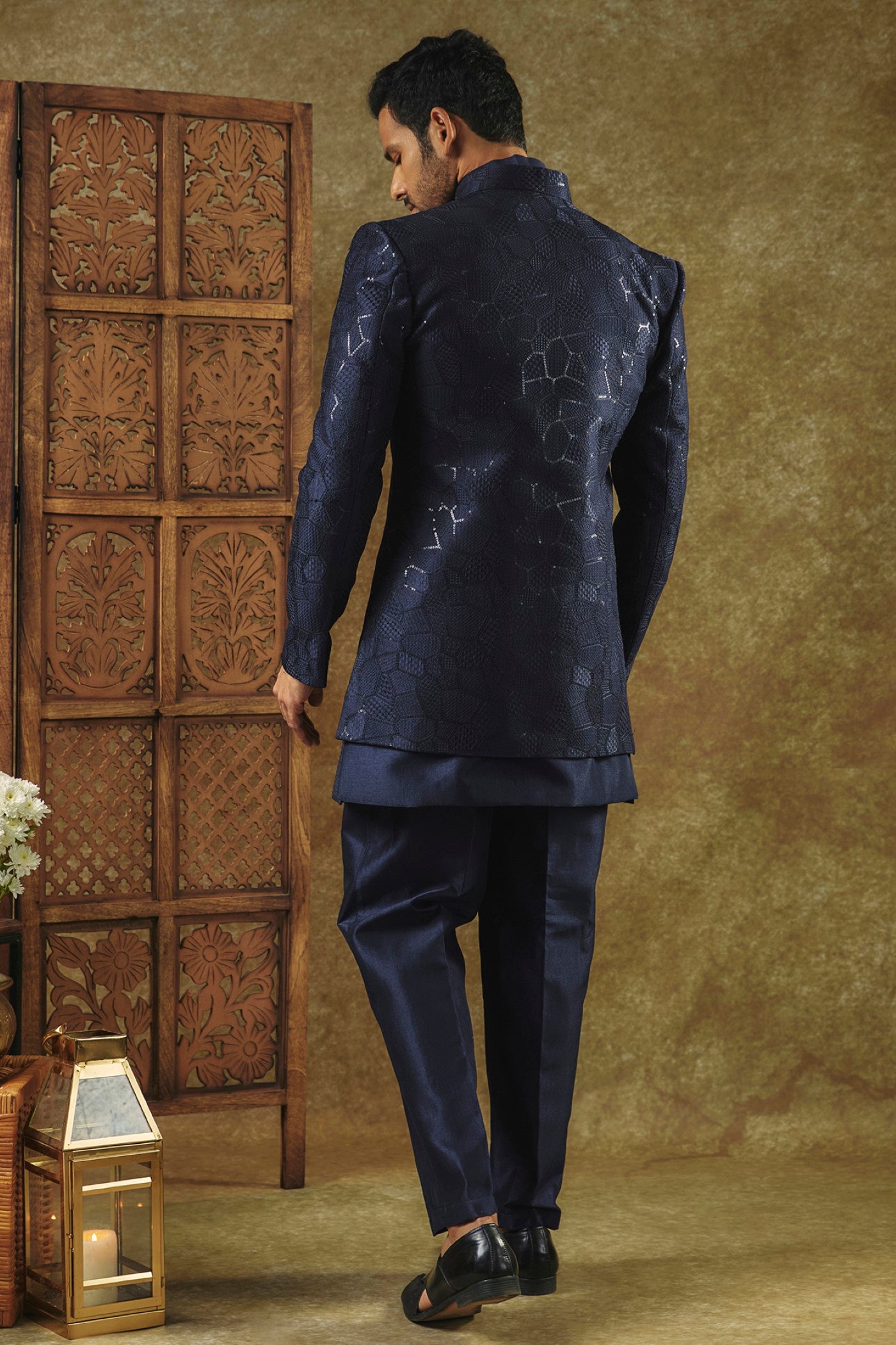 Ink Blue Ombre Open-Indo Western set with sequin and resham embroidery