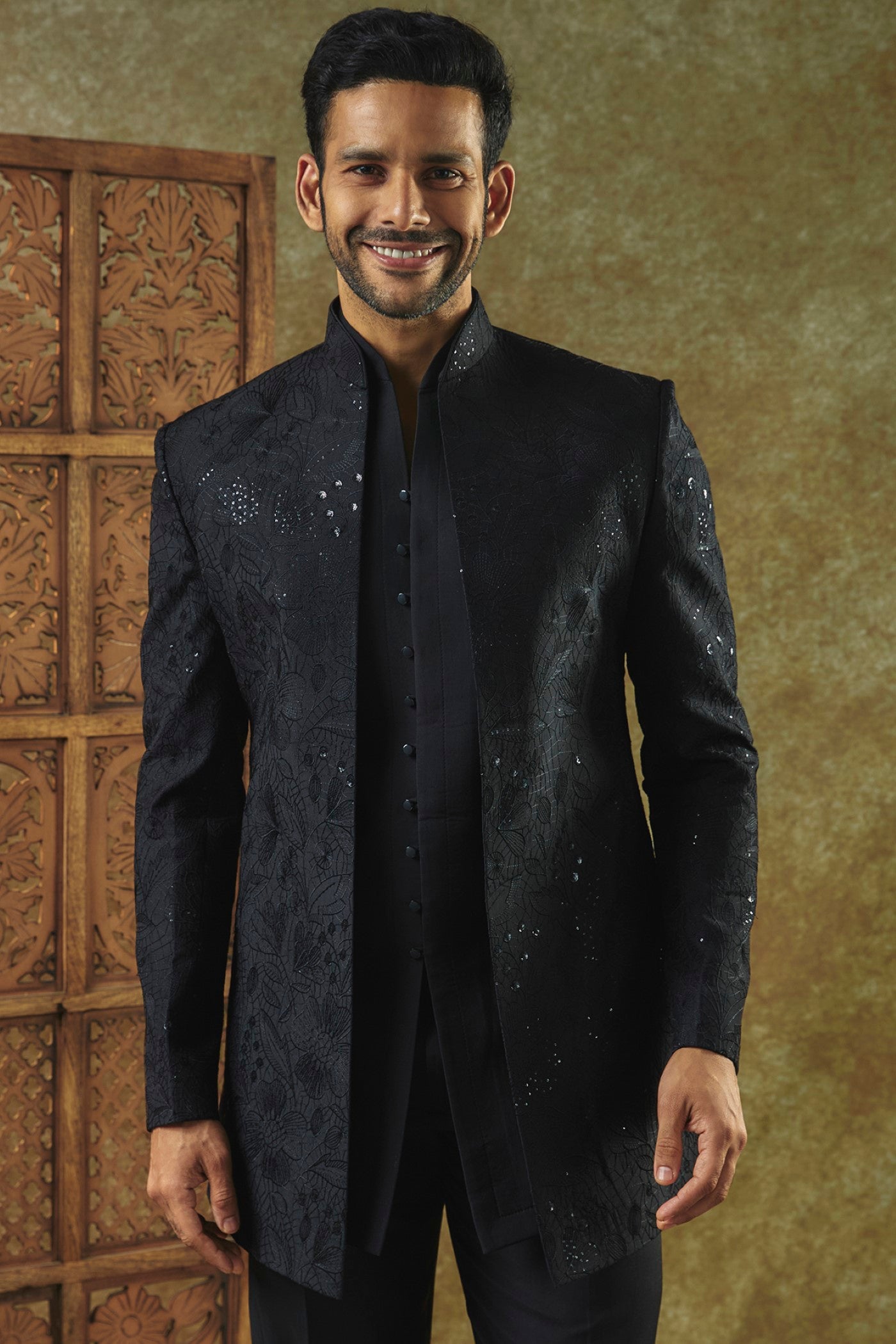 Jet Black Open-Indo Western set with sequin and resham embroidery