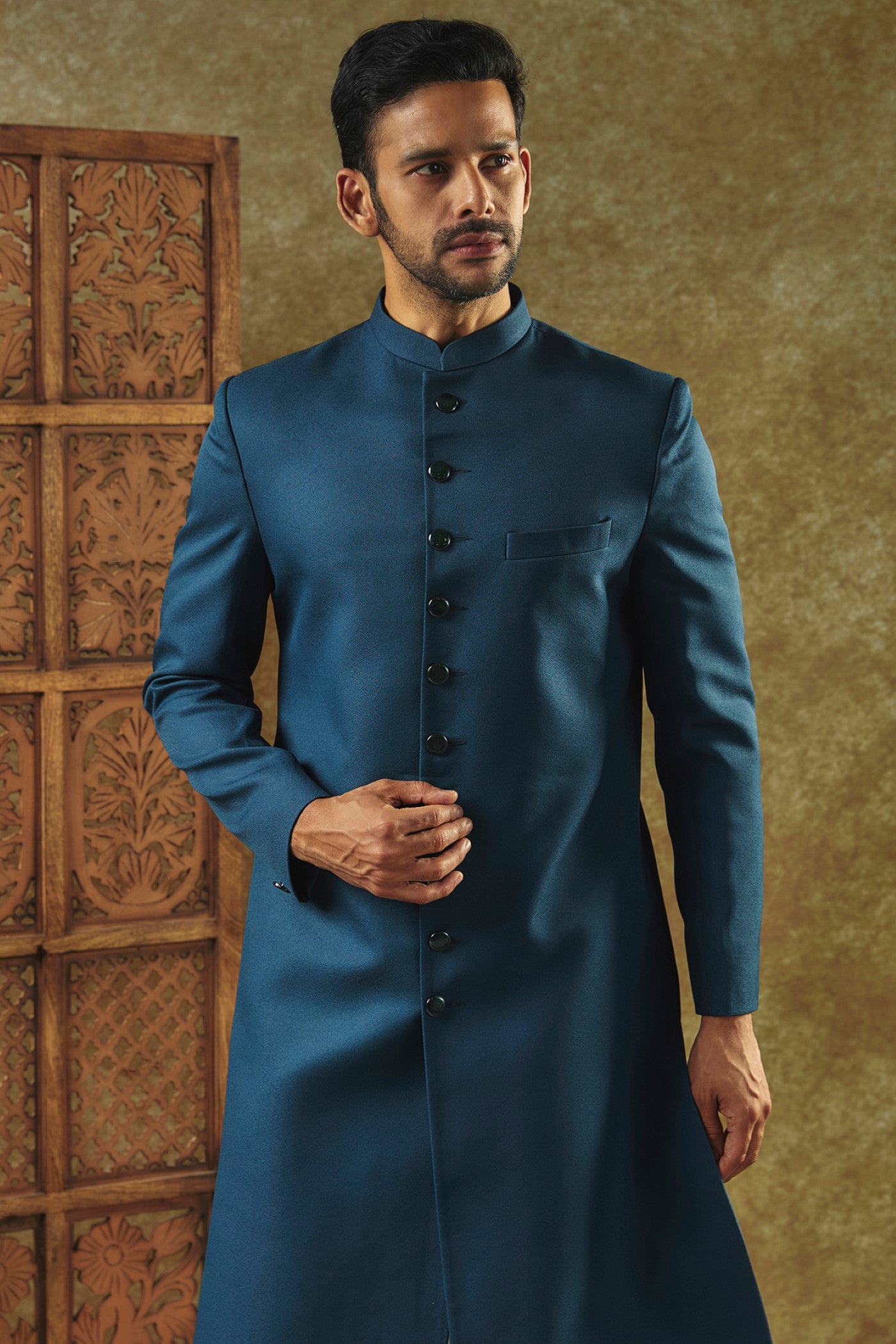Royal Blue Plain Indo Western set with matching buttons