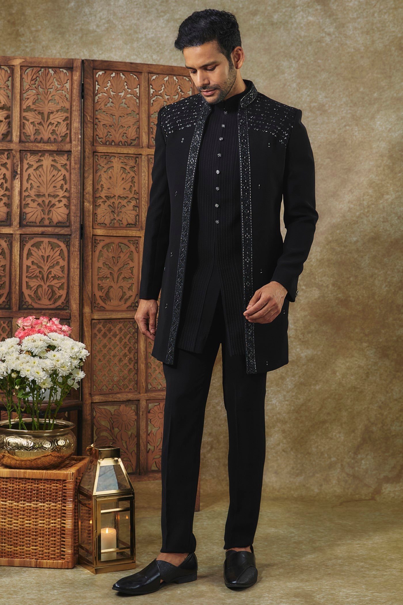 Jet Black Ombre Open-Indo Western set with sequin and resham embroidery