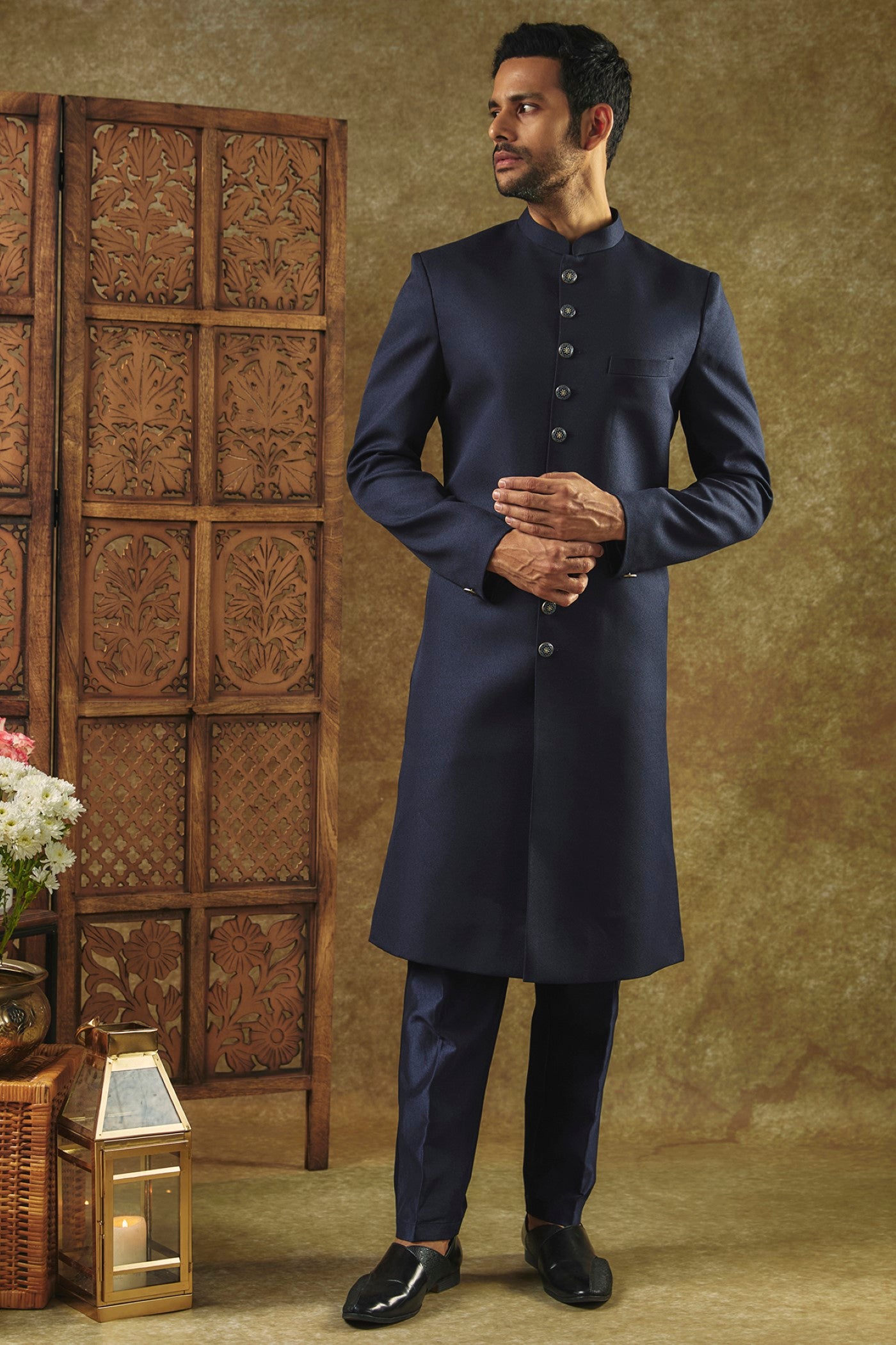 Royal Blue Plain Indo Western set with matching buttons