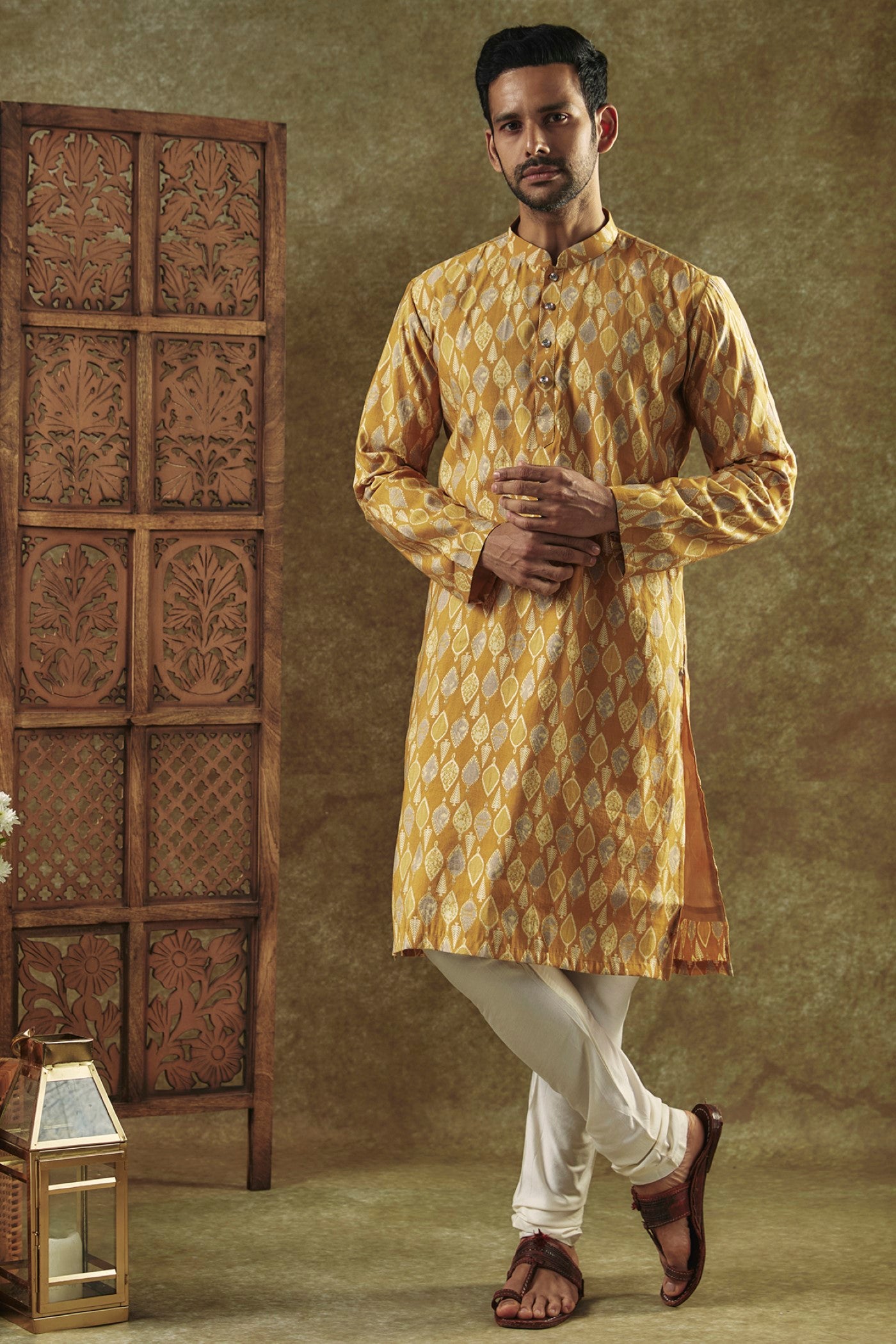 Mustard Yellow Printed Silk kurta pajama set