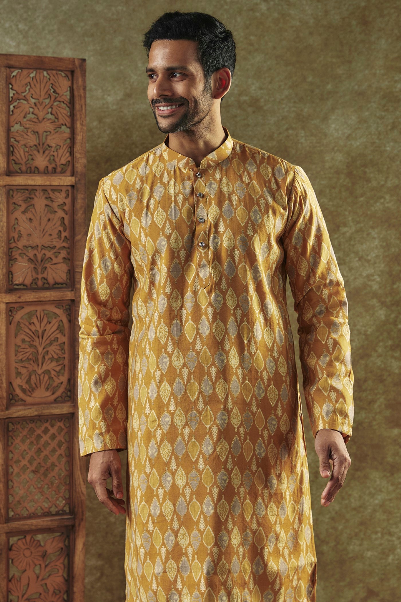 Mustard Yellow Printed Silk kurta pajama set