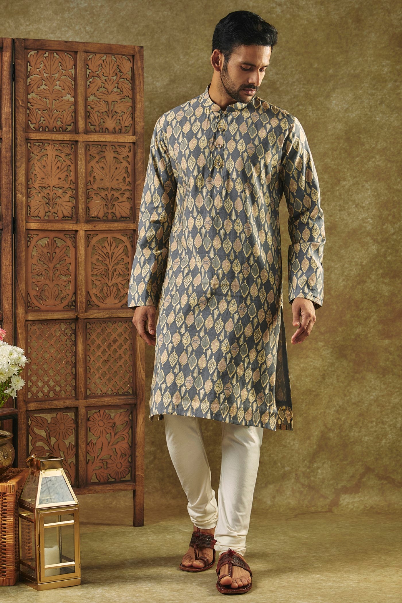 Slate Grey Printed Silk kurta pajama set