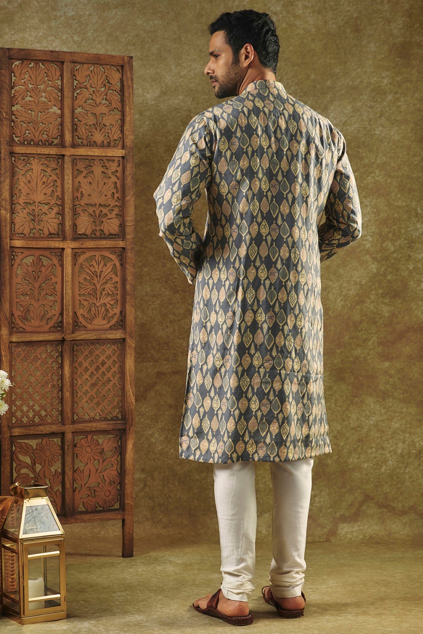 Slate Grey Printed Silk kurta pajama set