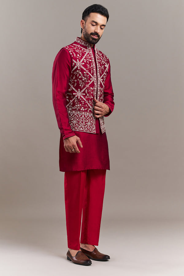 Maroon Embroidered Men's Kurta Jacket Set