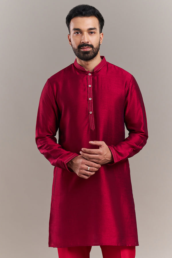 Maroon Embroidered Men's Kurta Jacket Set