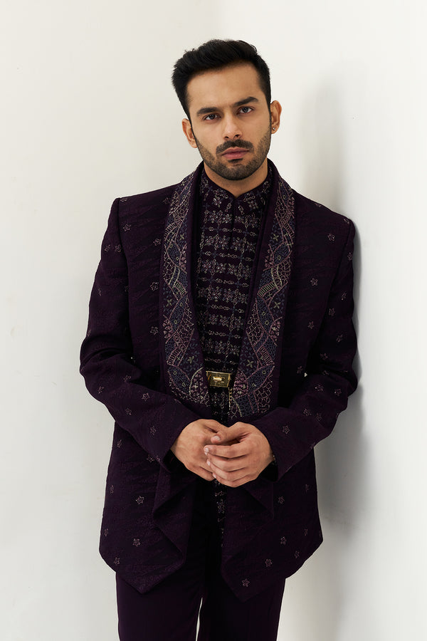 Wine Polyester Cotton Cut Dana Work Men's Kurta Set