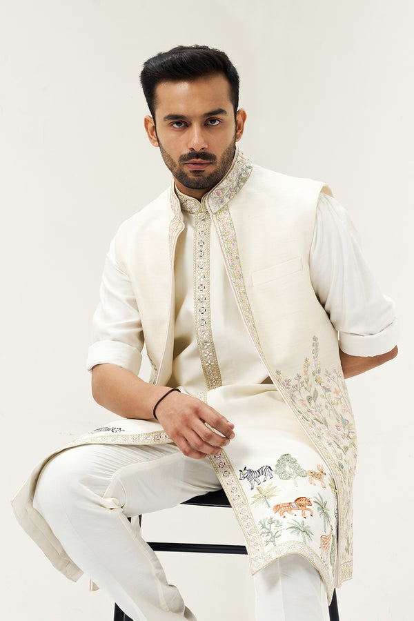 Off White Appliqué Embellished Silk Men's Kurta with Jacket