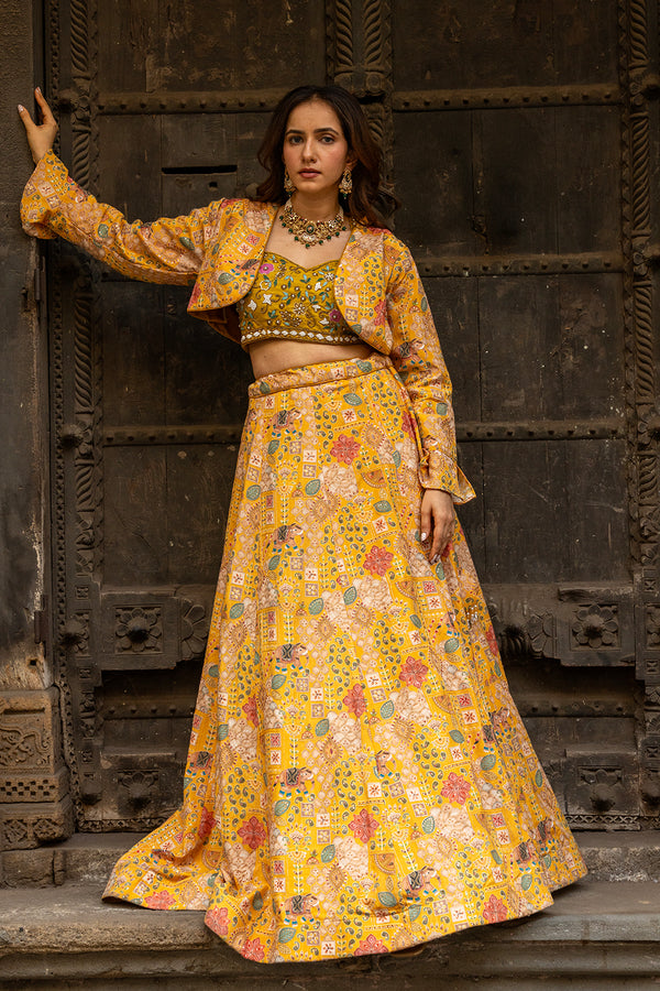 Mustard Yellow Embellished Organza Festive Lehenga Set