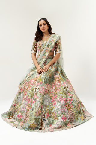 Sage Green Floral Embellished Organza Festive Lehenga Set