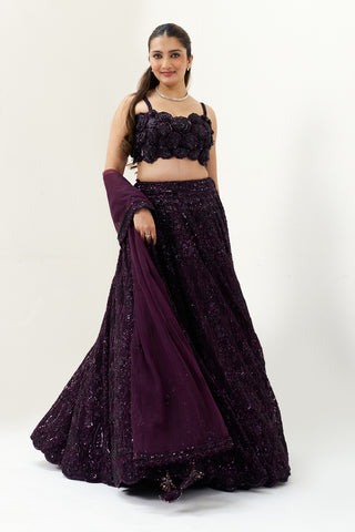Wine Embellished Net Festive Lehenga Set