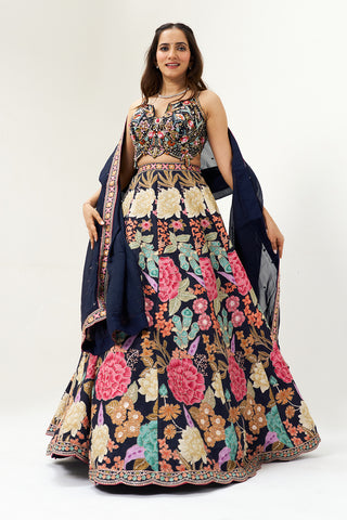 Midnight Blue Embroidered Silk Bridesmaid Lehenga Set