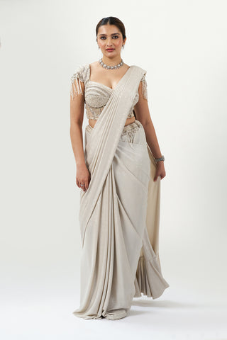 White Stone & Moti Embellished Ready Pleated Saree