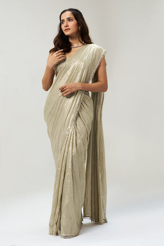 Gold Moti & Stone Embellished Ready Pleated Saree