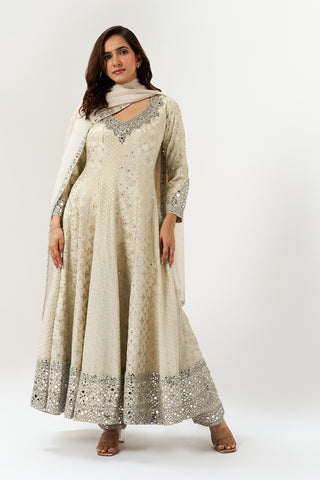 White & Cream Moti Embellished Silk Anarkali Suit Set