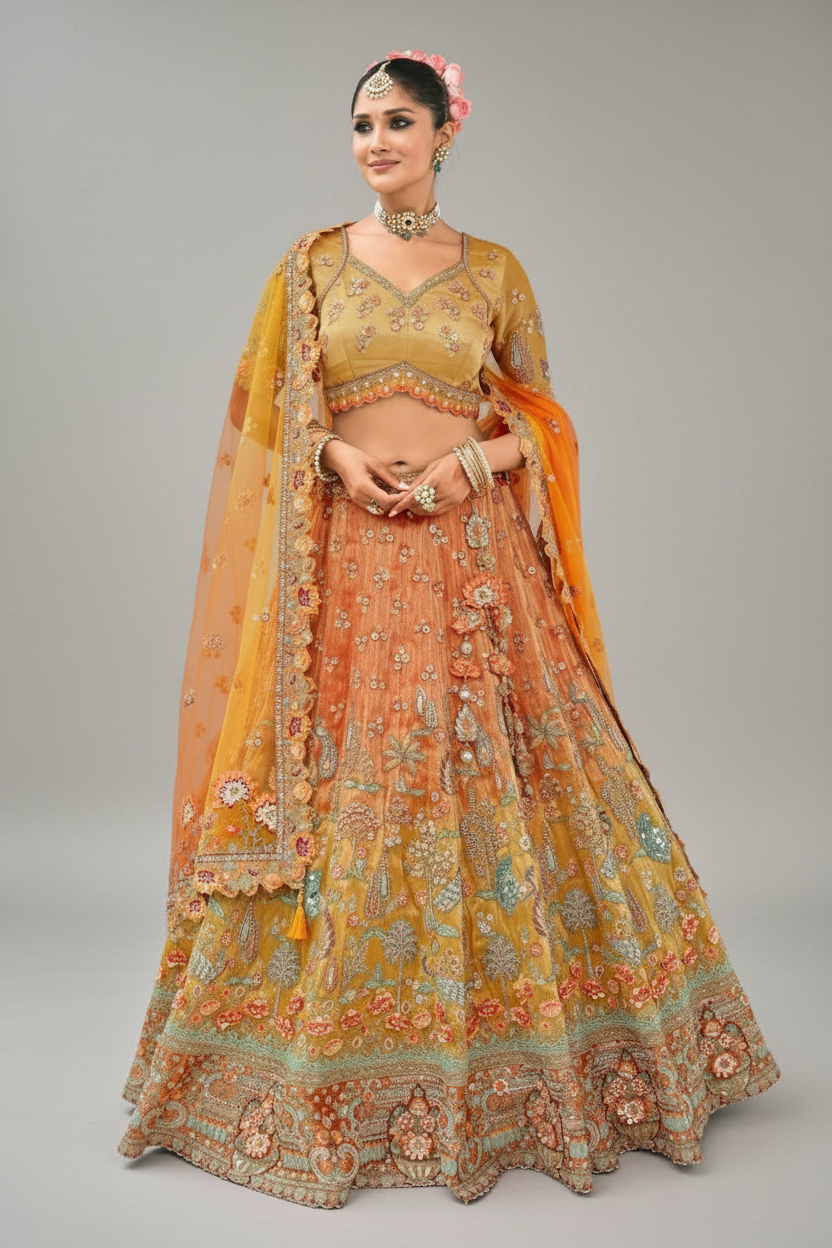 RUST ORANGE AND MUSTARD YELLOW SILK BRIDAL LEHENGA WITH EMBROIDERY AND MIRROR WORK