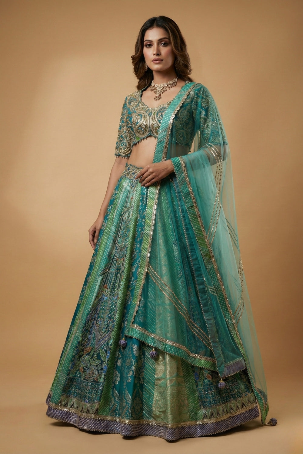 Rama Banarsi Silk Lehenga Set with Cutdana and Zardosi Work