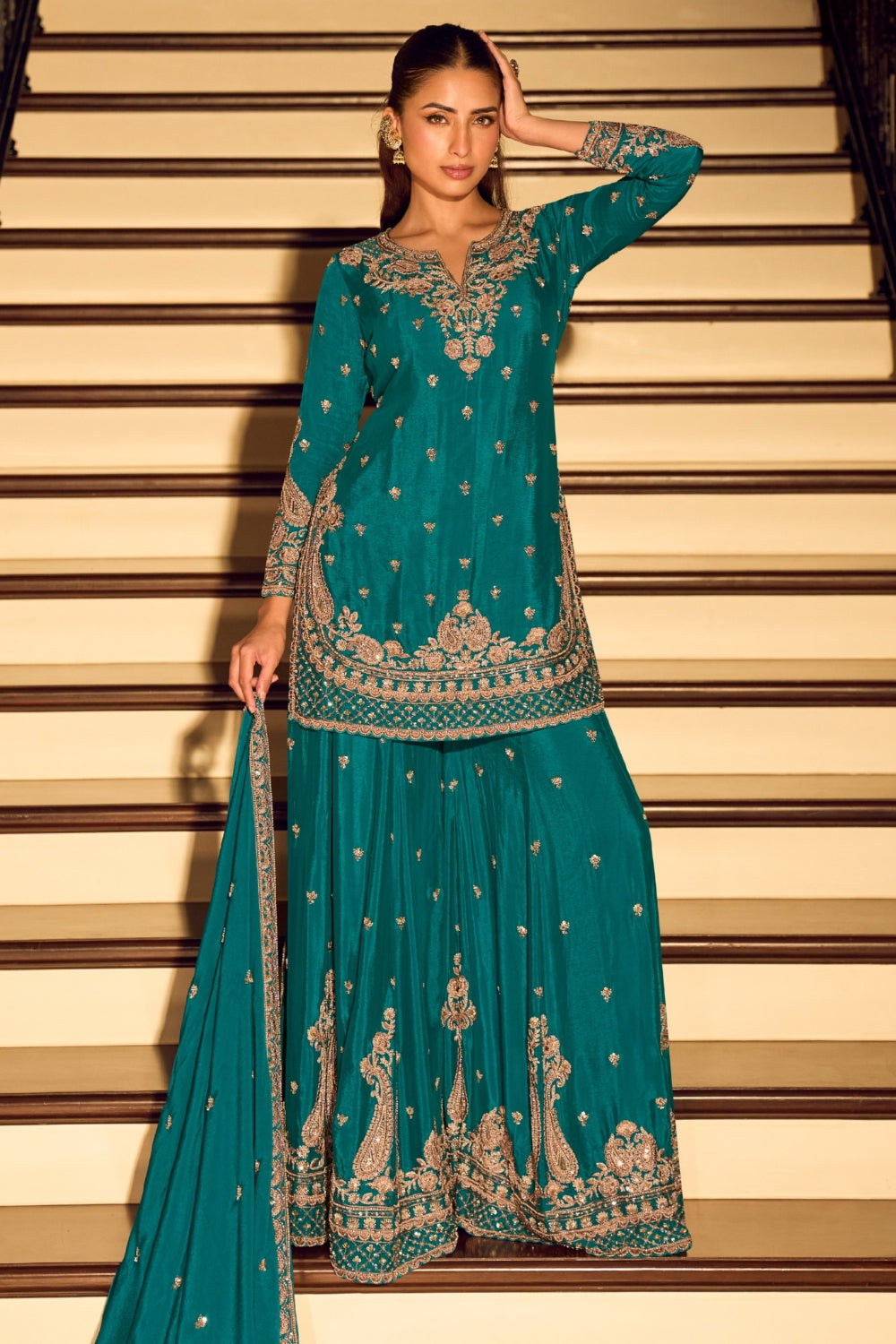 Rama Chinon Salwar Suit with Cutdana and Moti Work