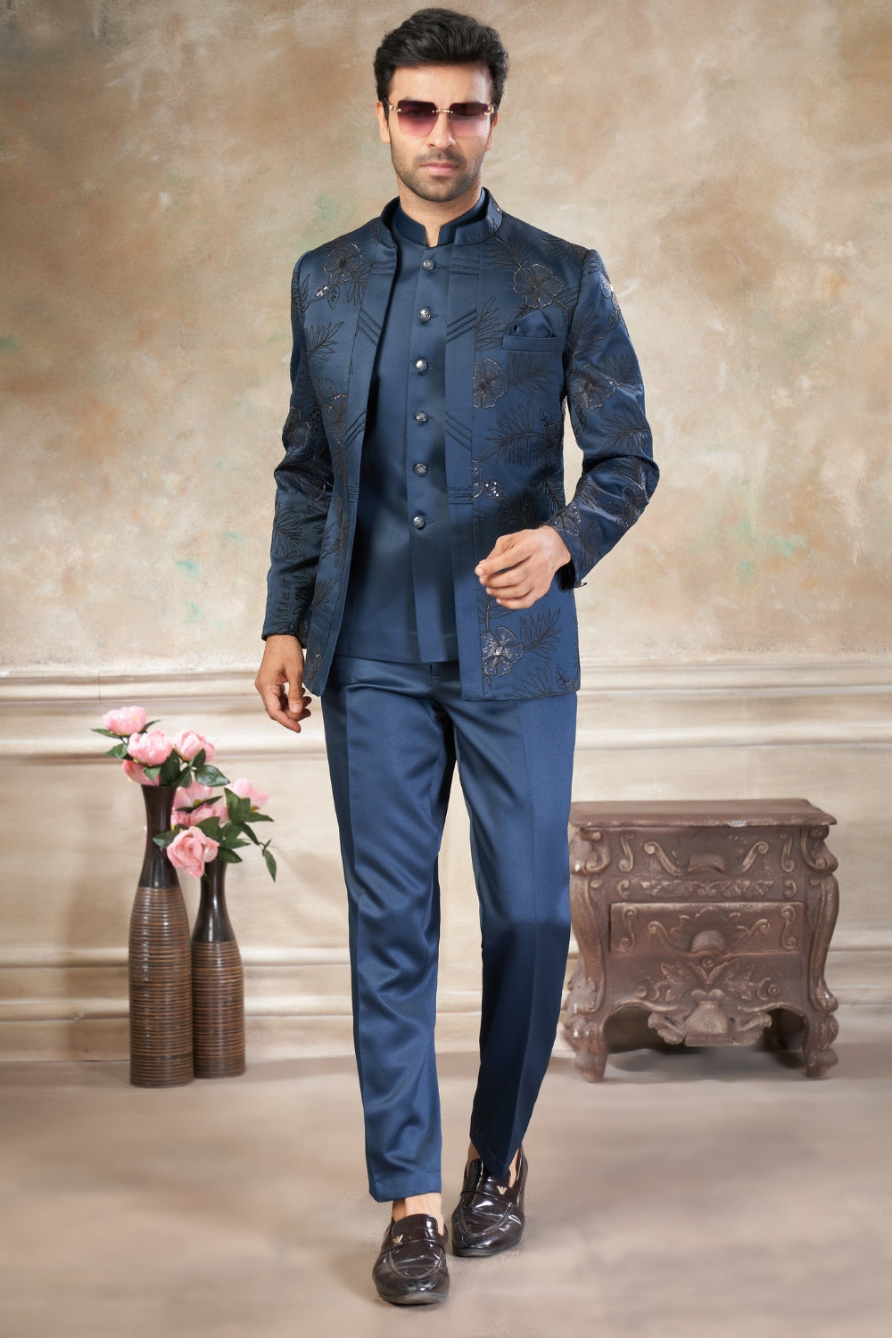 Rama Green Imported Jodhpuri Set with Embroidery and Sequins Work