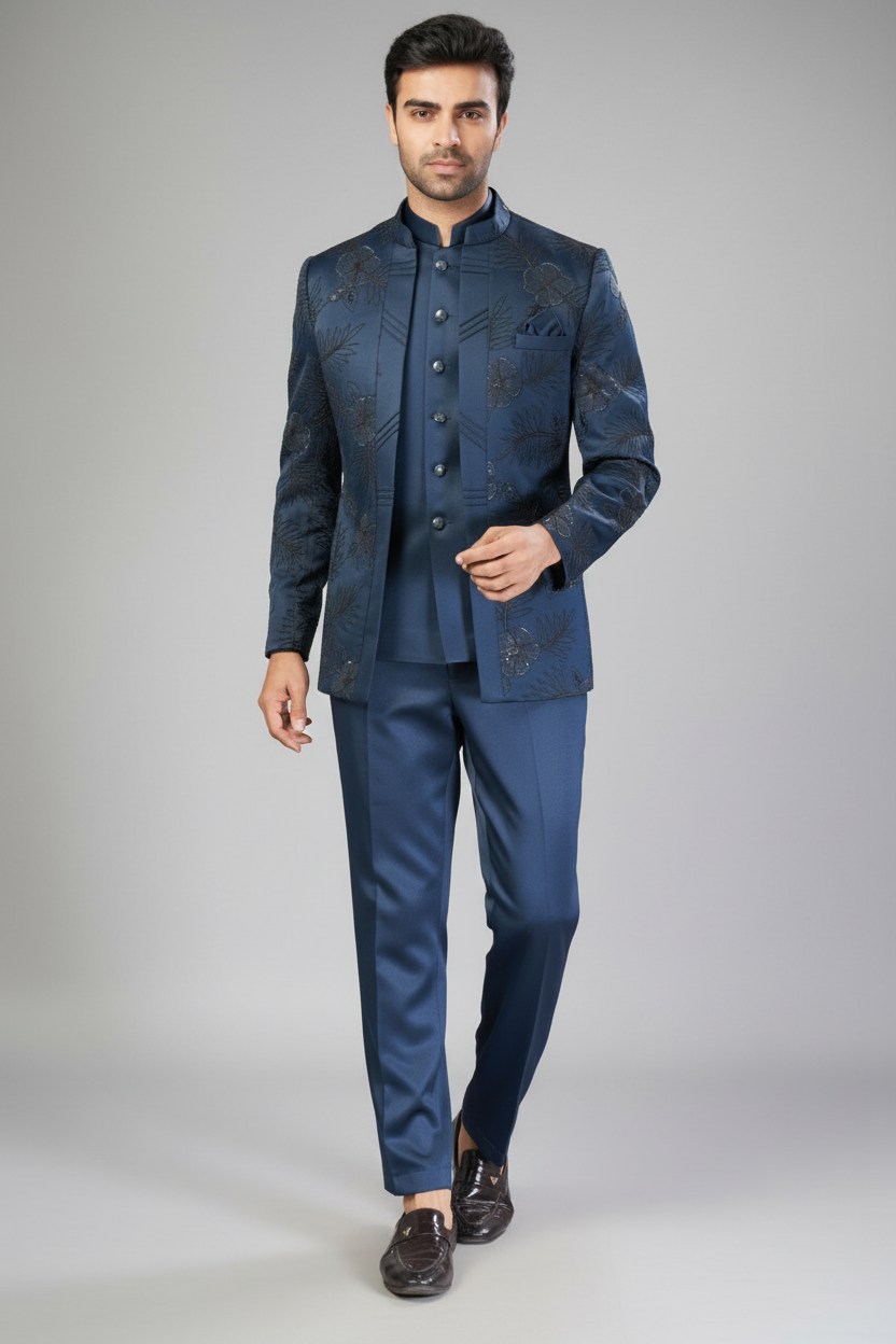 Rama Green Imported Jodhpuri Set with Embroidery and Sequins Work