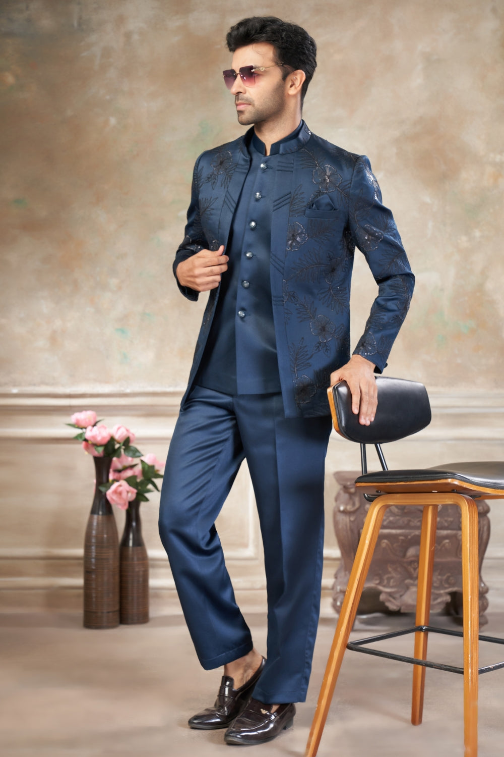 Rama Green Imported Jodhpuri Set with Embroidery and Sequins Work