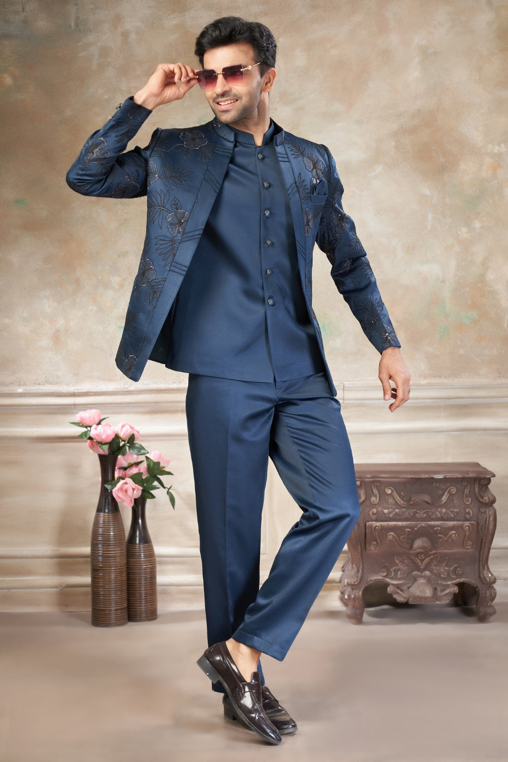 Rama Green Imported Jodhpuri Set with Embroidery and Sequins Work