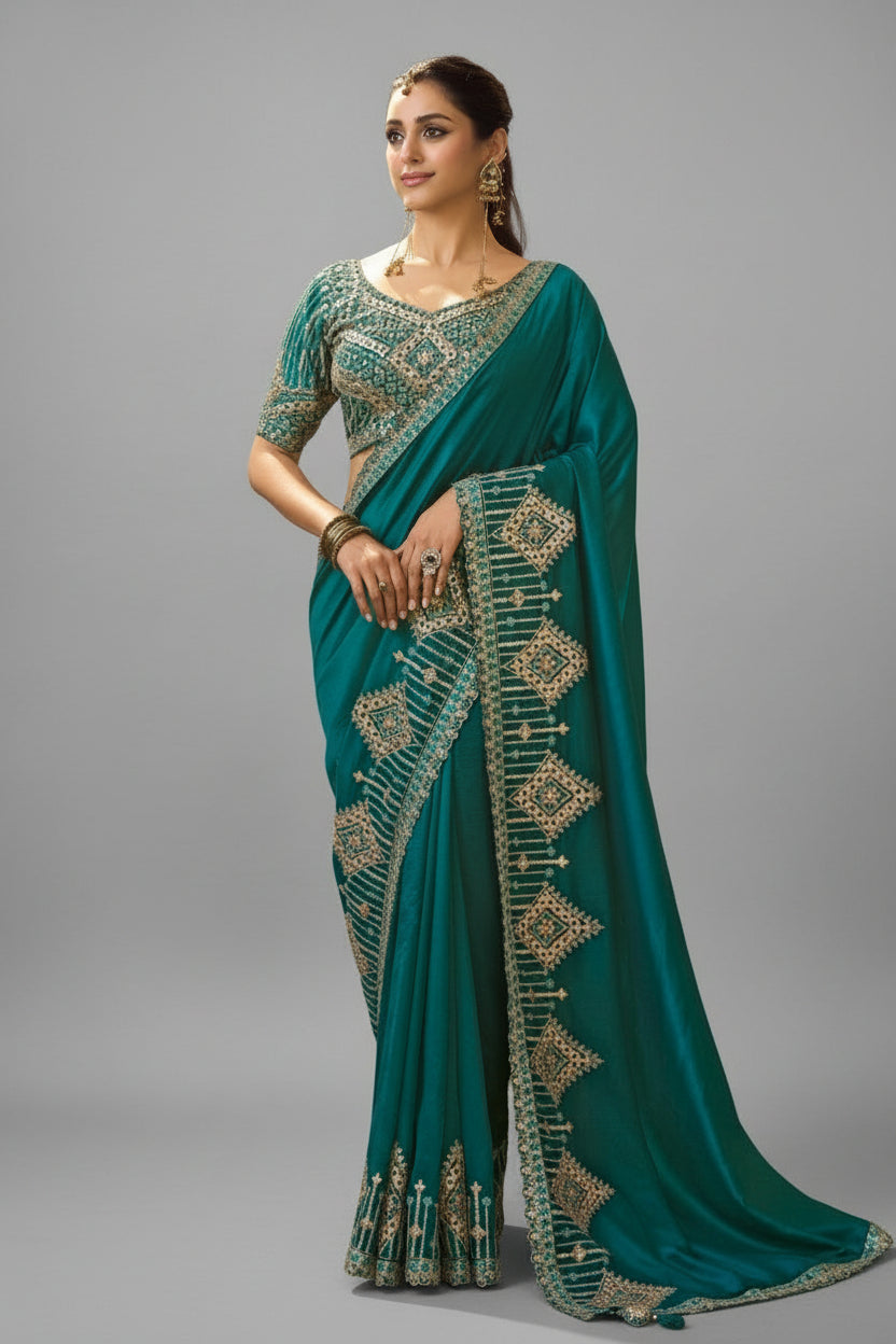 Rama Silk Saree with Embroidery and Sequins Work