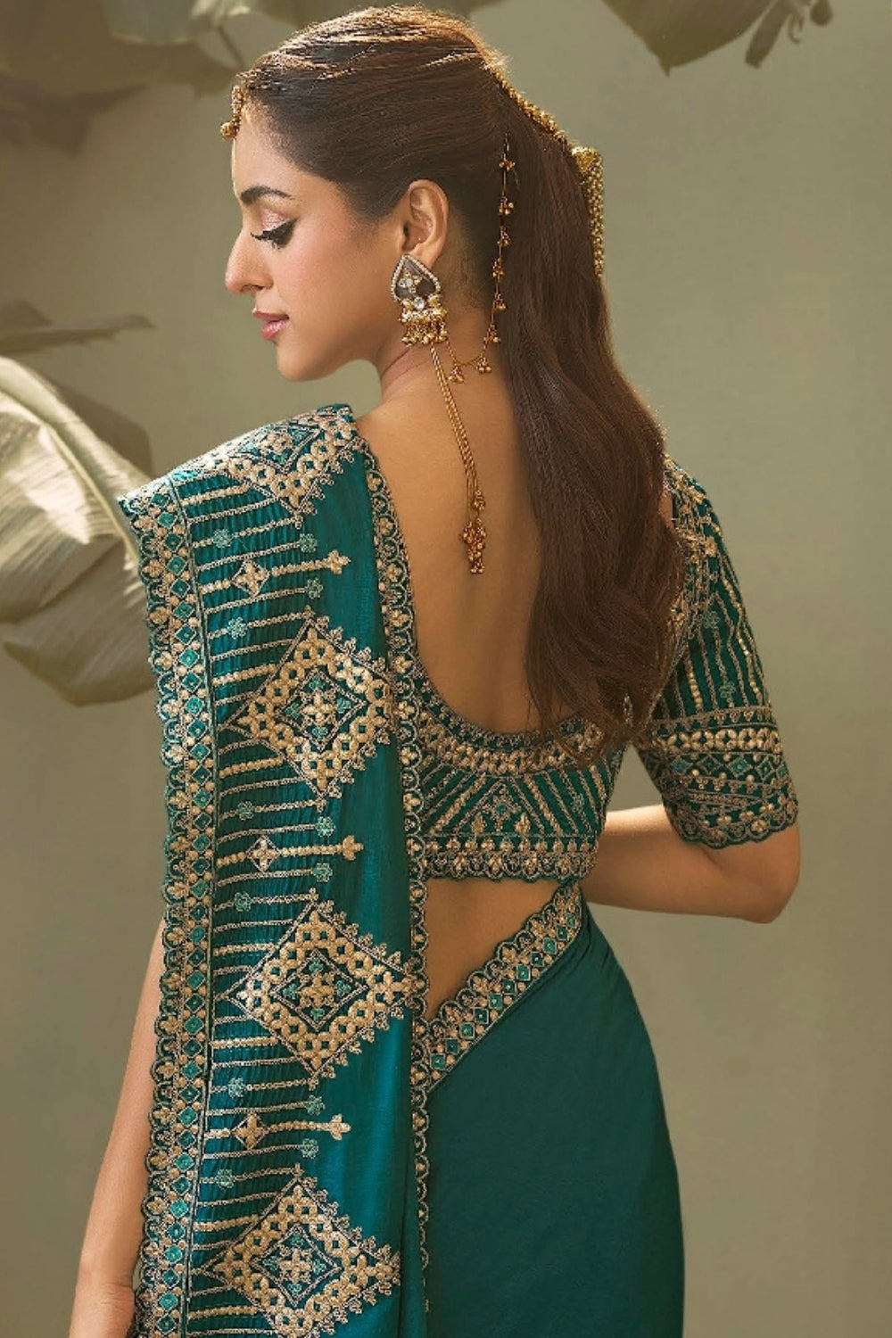 Rama Silk Saree with Embroidery and Sequins Work