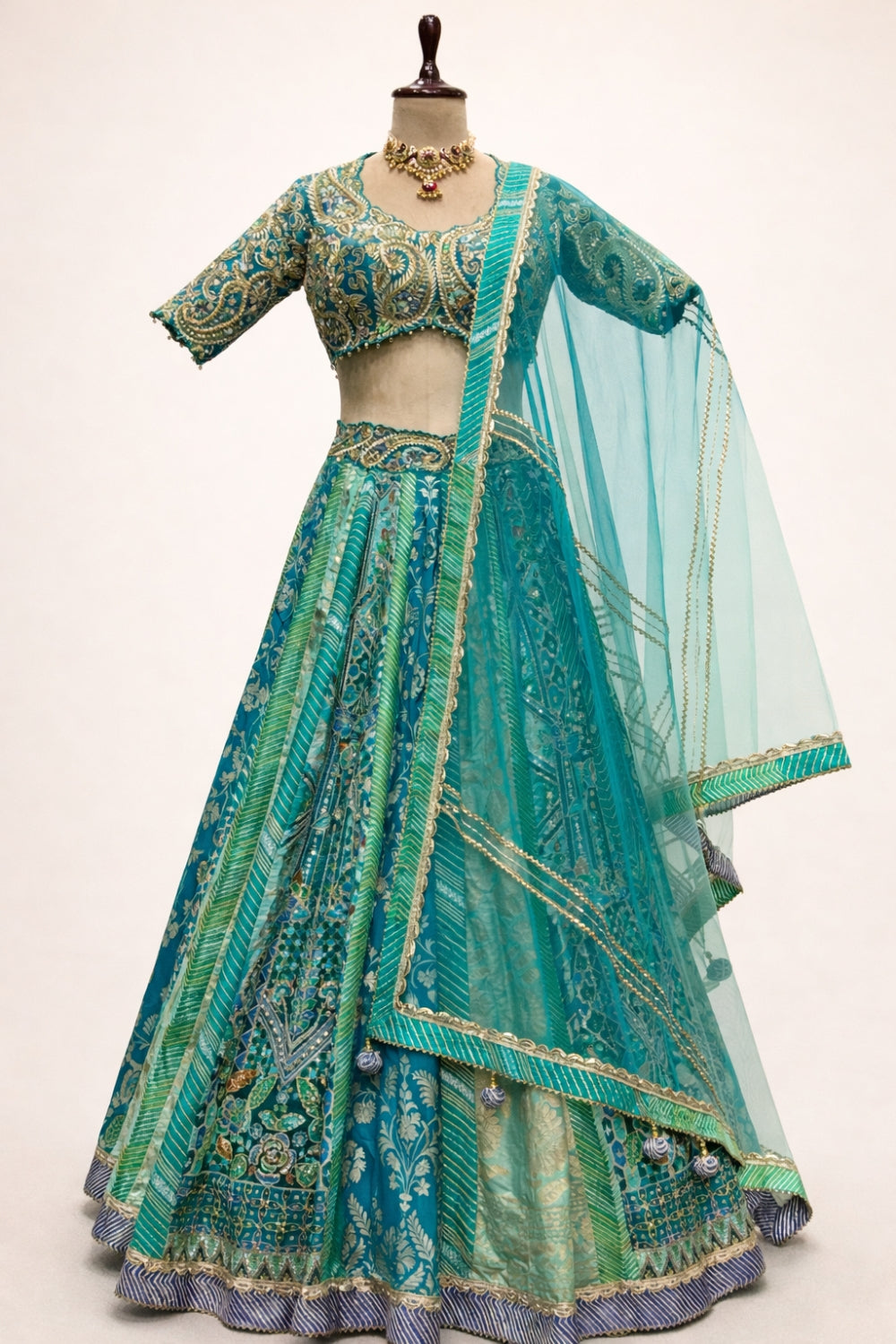 Rama Banarsi Silk Lehenga Set with Cutdana and Zardosi Work