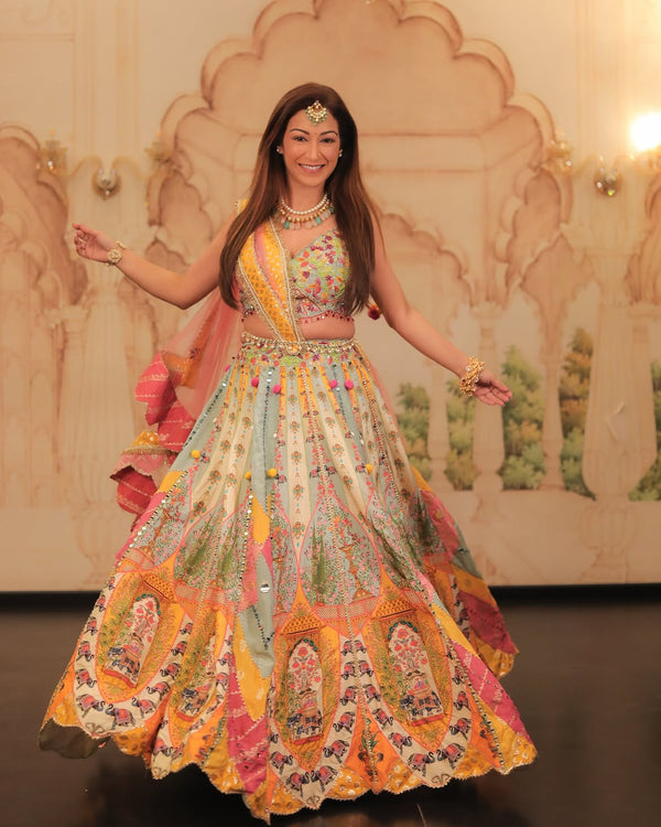 Multi Art Silk Printed Festive Lehanga with Mirror and Resham Work