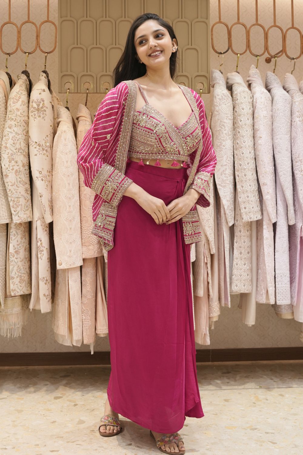 Rani Muslin Silk Indo Western with Sequins and Aari Work