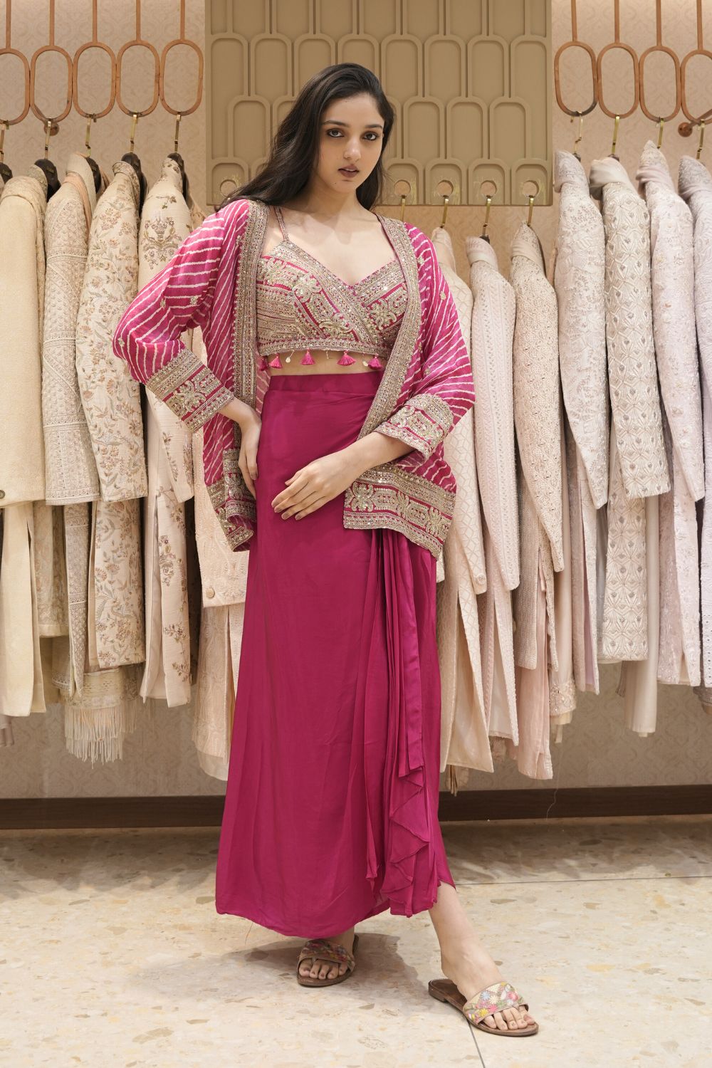 Rani Muslin Silk Indo Western with Sequins and Aari Work