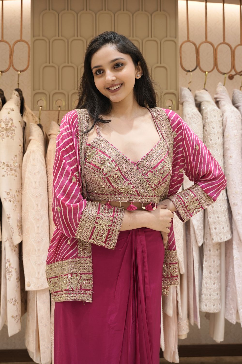 Rani Muslin Silk Indo Western with Sequins and Aari Work