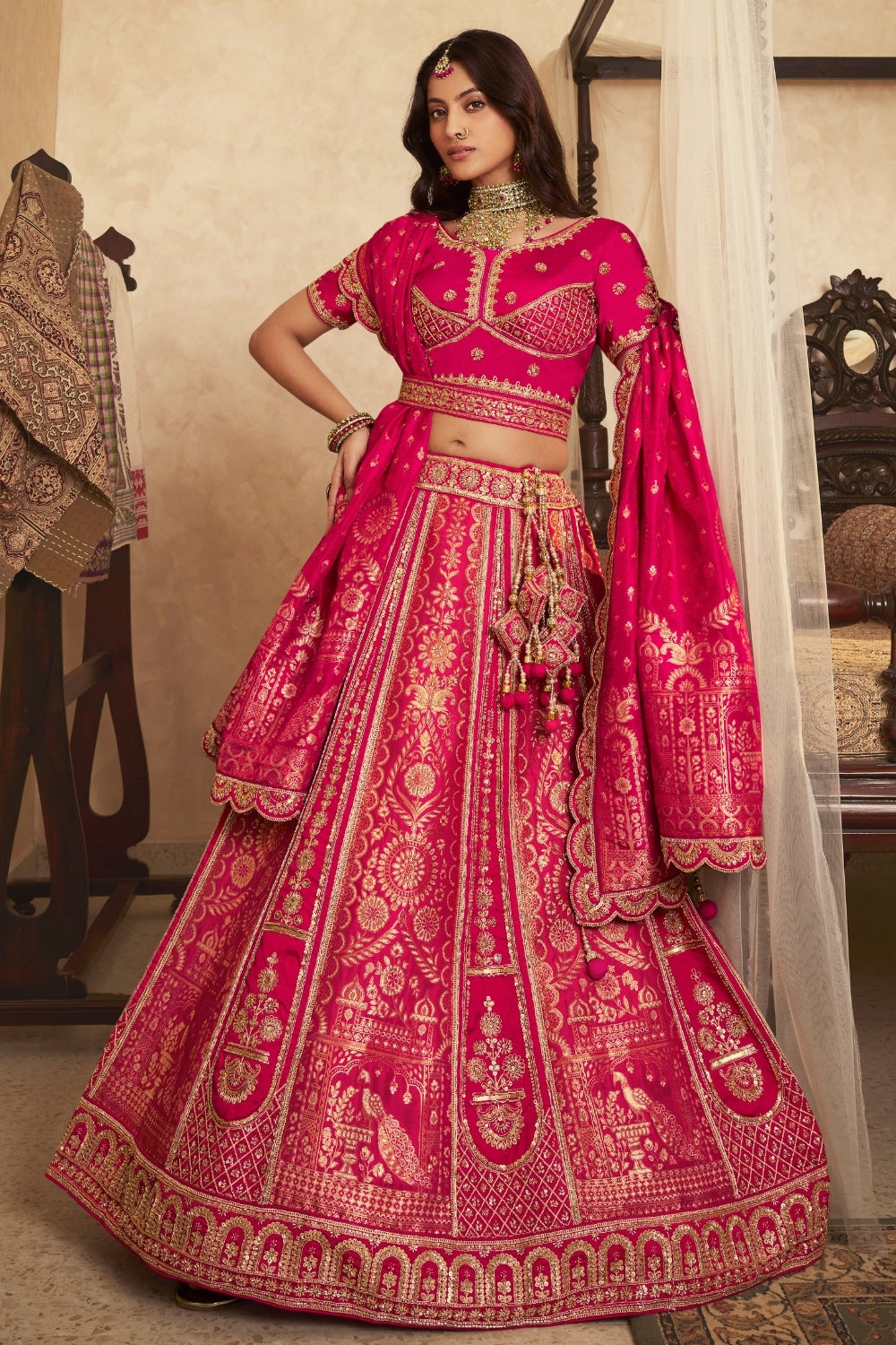 Rani Pink Banarasi Silk Lehenga Set with Cutdana and Stone Work