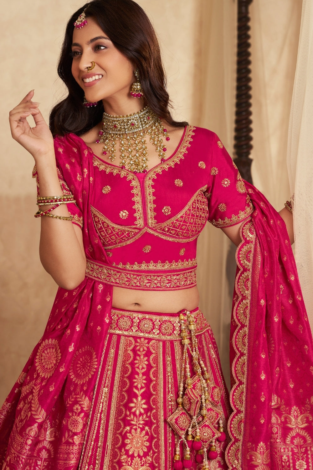 Rani Pink Banarasi Silk Lehenga Set with Cutdana and Stone Work