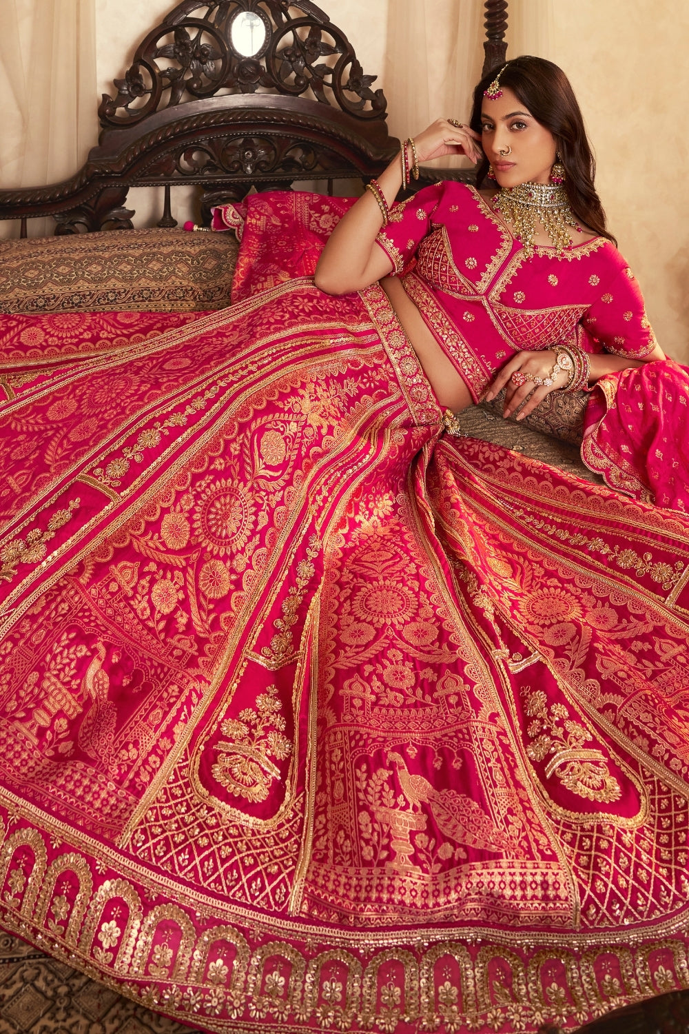 Rani Pink Banarasi Silk Lehenga Set with Cutdana and Stone Work