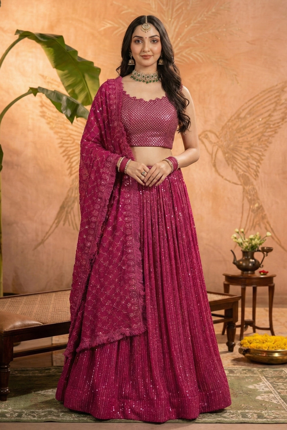 Rani Pink Georgette Sequins Work Lehenga Set