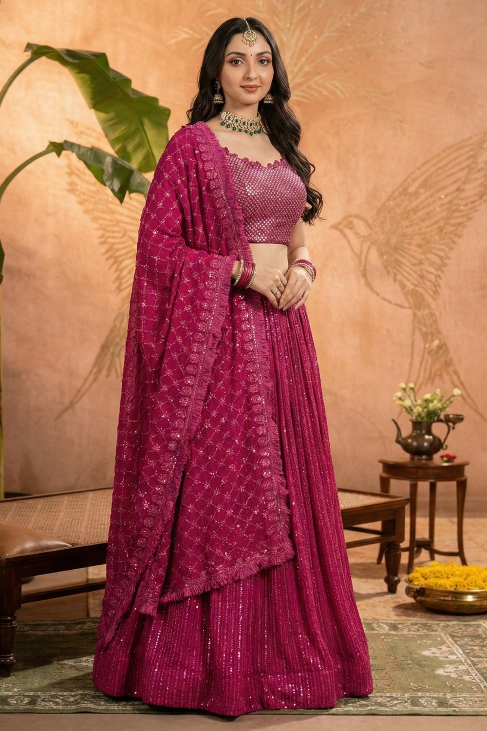 Rani Pink Georgette Sequins Work Lehenga Set