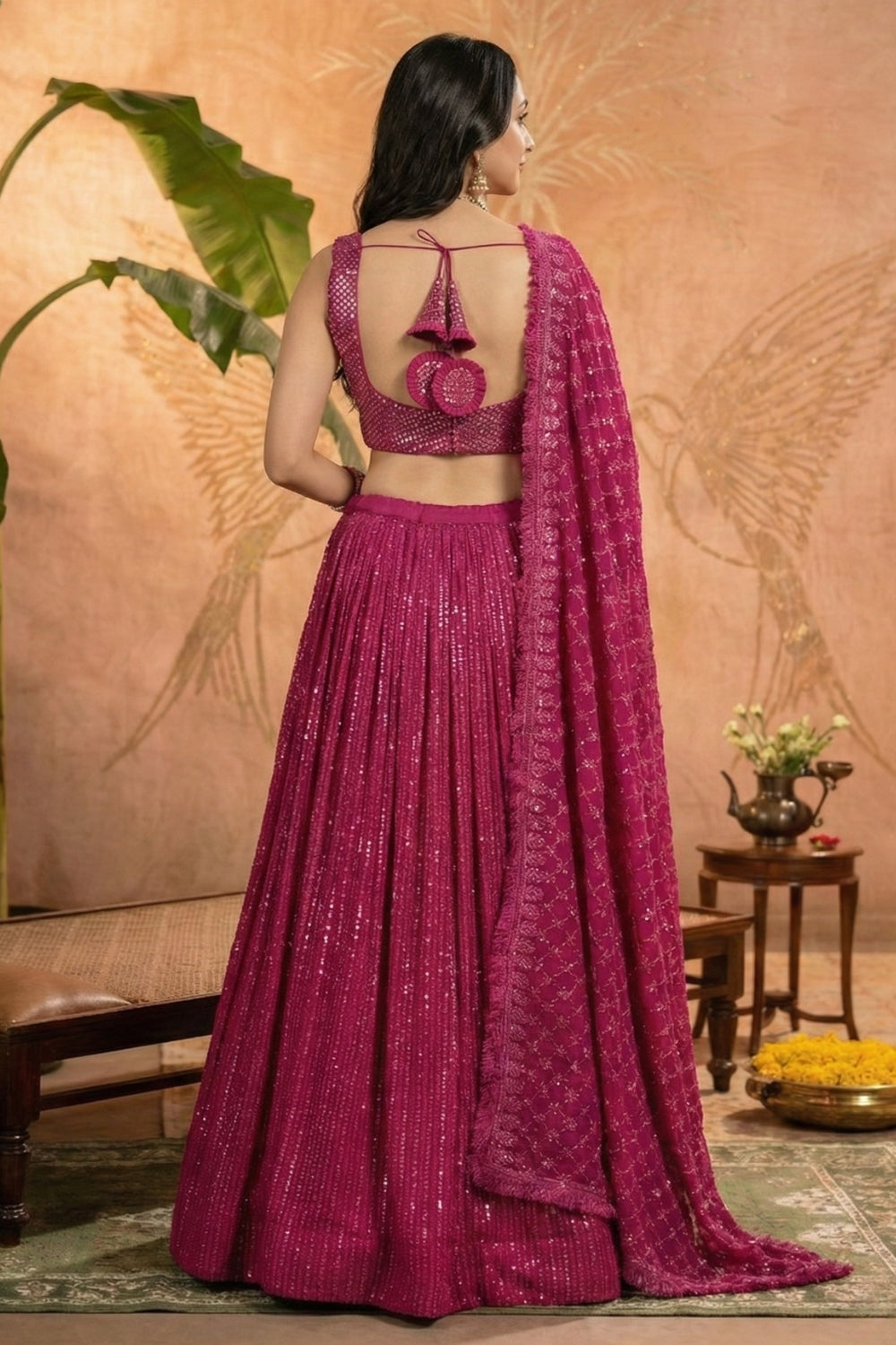 Rani Pink Georgette Sequins Work Lehenga Set