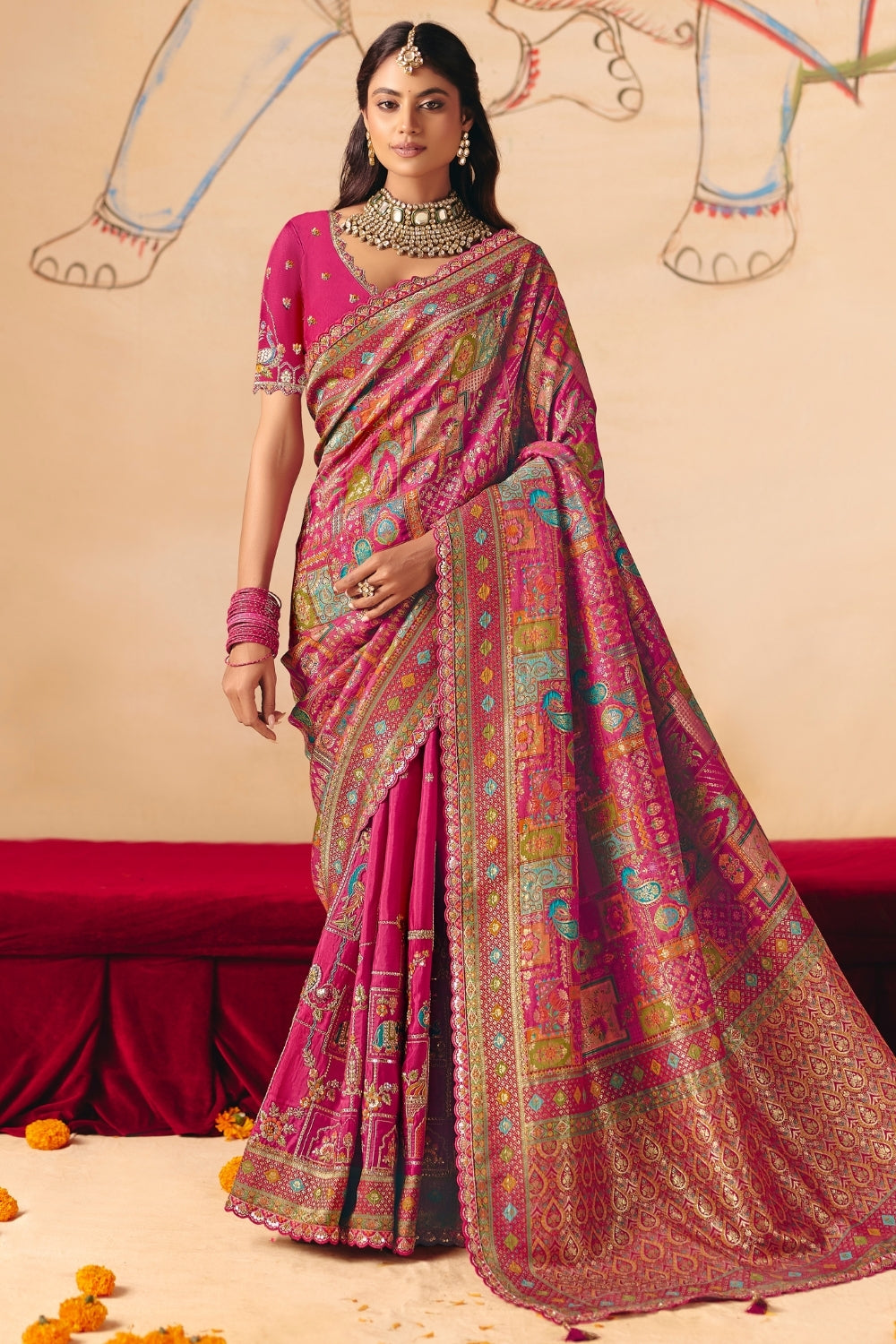 Rani Pink Printed Silk Saree with Resham Embroidery Work